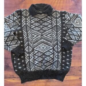 Hilda Ltd Sz L Gray Black 100% Wool V-Neck Sweater Geometric